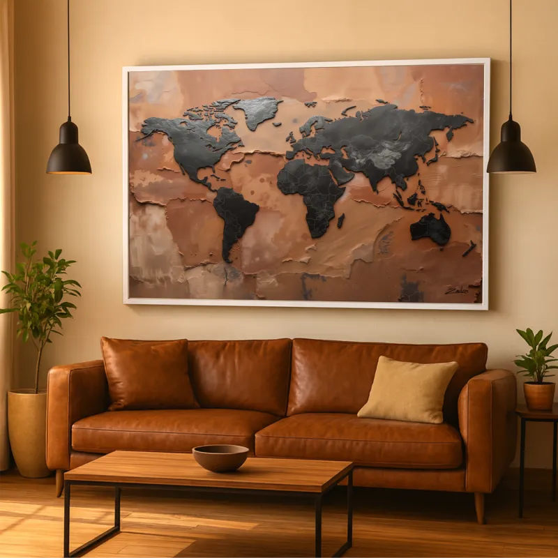 Quadro Mapa Mundi Terracota E Grafite Metálico