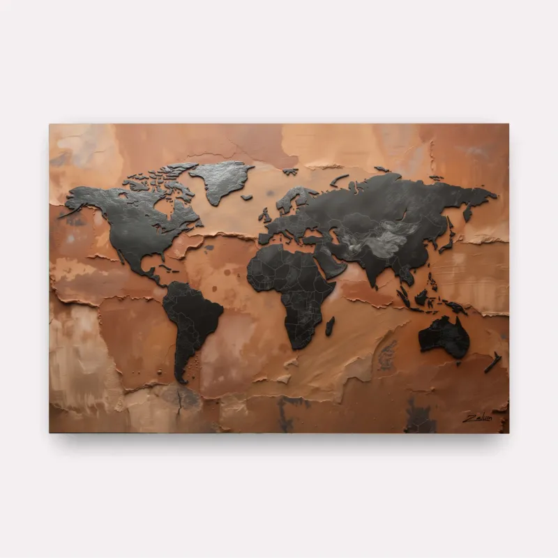 Quadro Mapa Mundi Terracota E Grafite Metálico