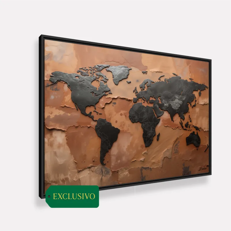 Quadro Mapa Mundi Terracota E Grafite Metálico