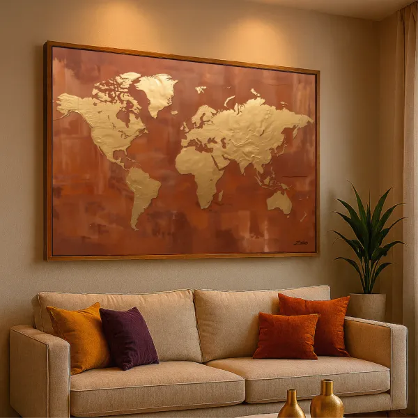 Quadro Mapa Mundi Dourado Sobre Terracota