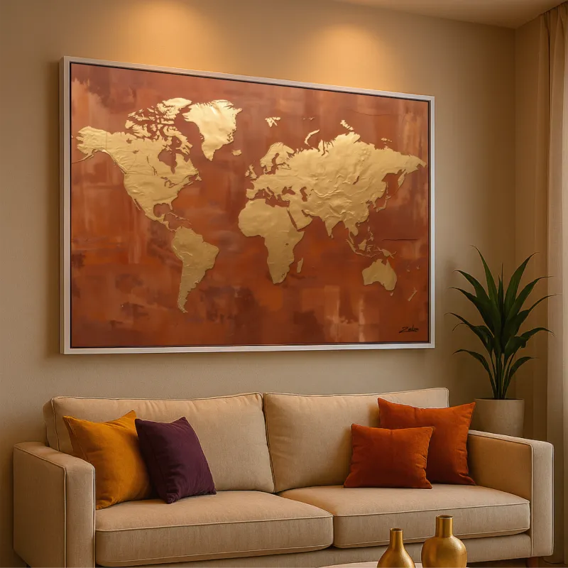 Quadro Mapa Mundi Dourado Sobre Terracota