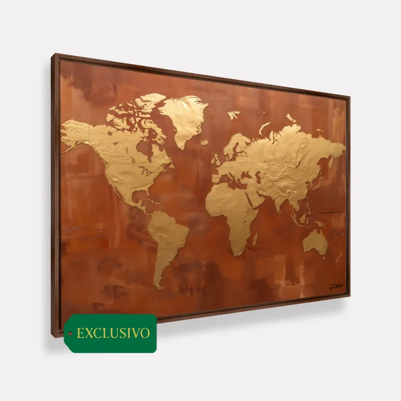 Quadro Mapa Mundi Dourado Sobre Terracota