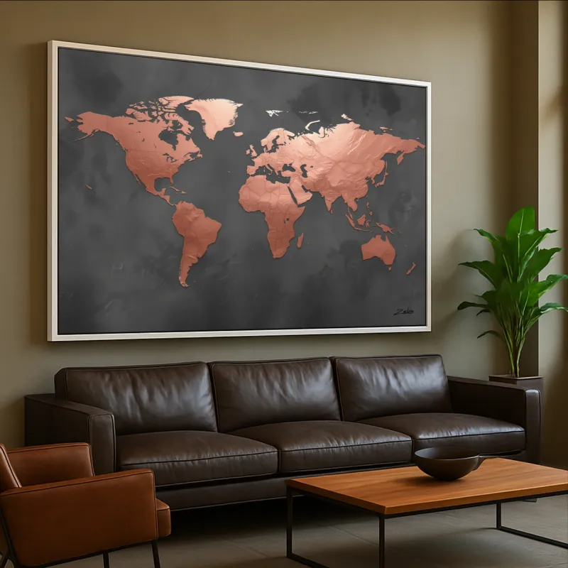 Quadro Mapa Mundi Ouro Rosé Em Grafite Moderno