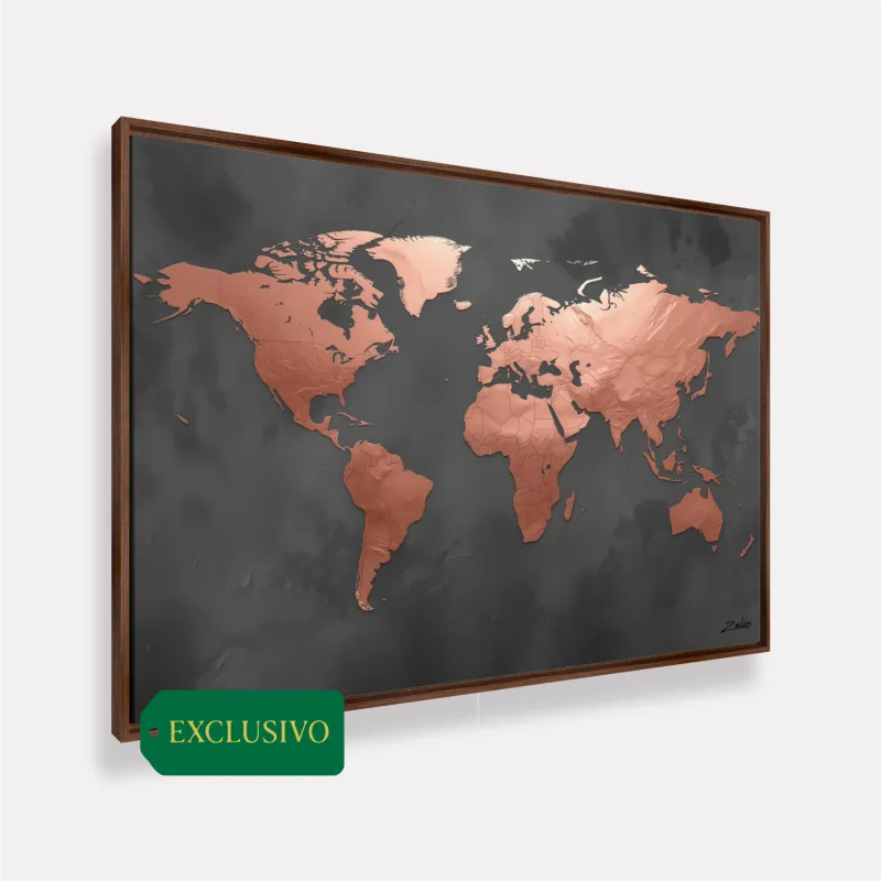 Quadro Mapa Mundi Ouro Rosé Em Grafite Moderno