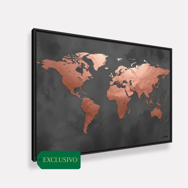 Quadro Mapa Mundi Ouro Rosé Em Grafite Moderno