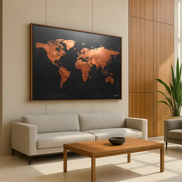 Quadro Mapa Mundi Moderno Preto Fosco E Cobre Envelhecido