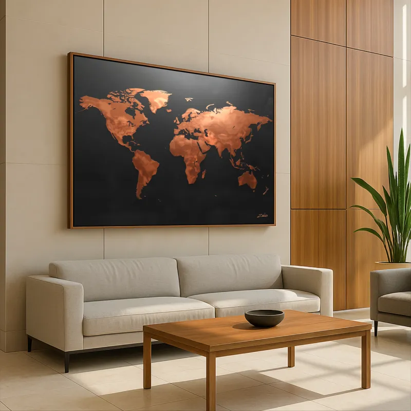 Quadro Mapa Mundi Moderno Preto Fosco E Cobre Envelhecido