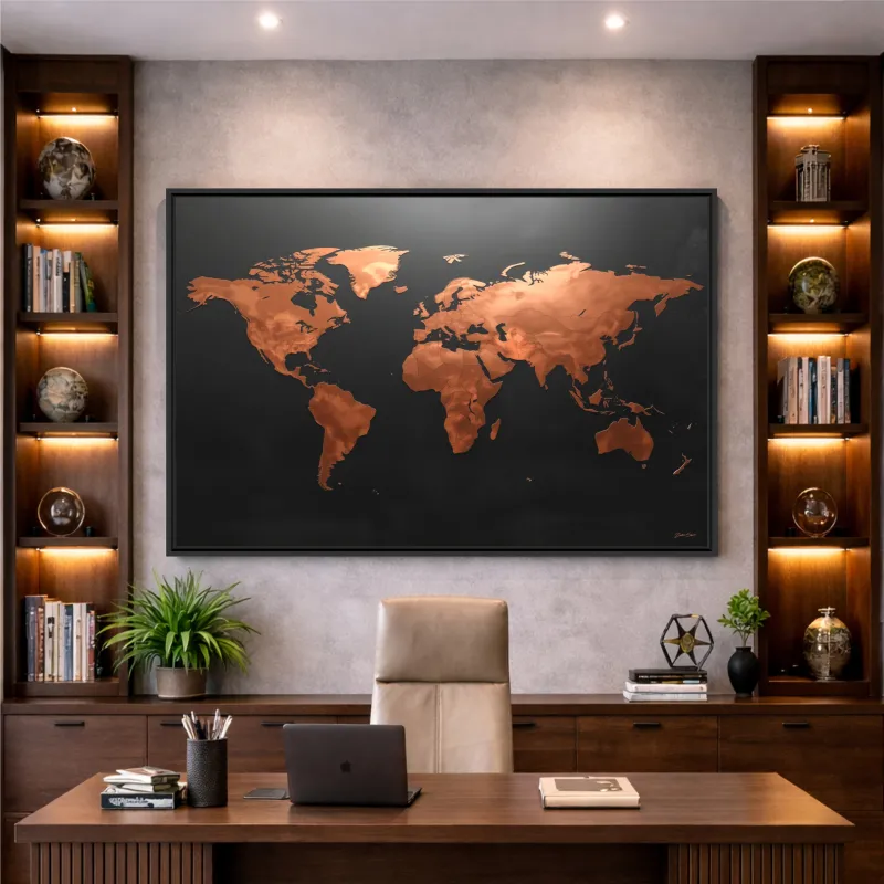 Quadro Mapa Mundi Moderno Preto Fosco E Cobre Envelhecido