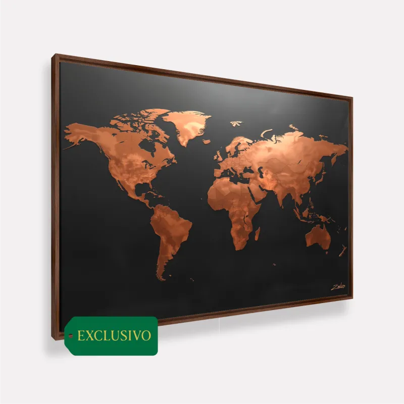 Quadro Mapa Mundi Moderno Preto Fosco E Cobre Envelhecido