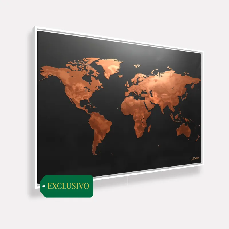 Quadro Mapa Mundi Moderno Preto Fosco E Cobre Envelhecido