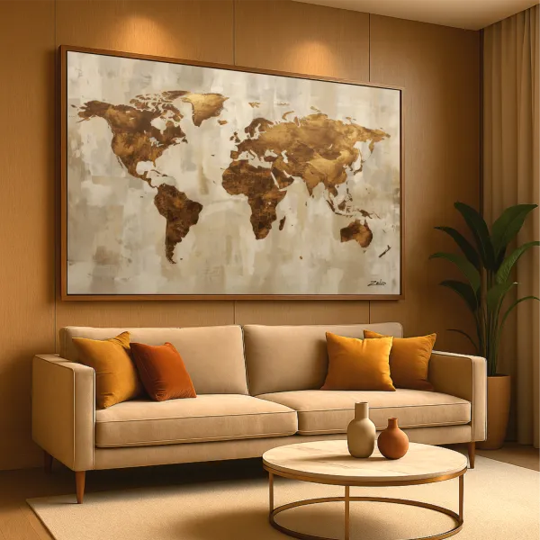 Quadro Mapa Mundi Linho E Bronze Moderno