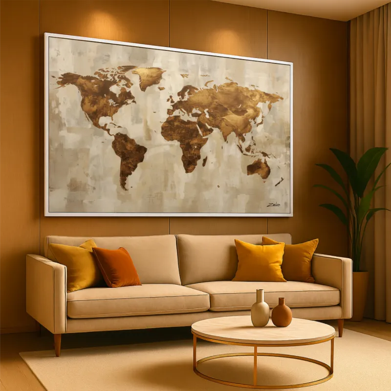 Quadro Mapa Mundi Linho E Bronze Moderno
