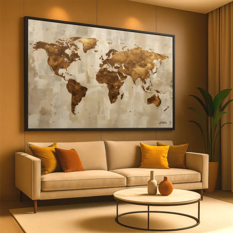 Quadro Mapa Mundi Linho E Bronze Moderno