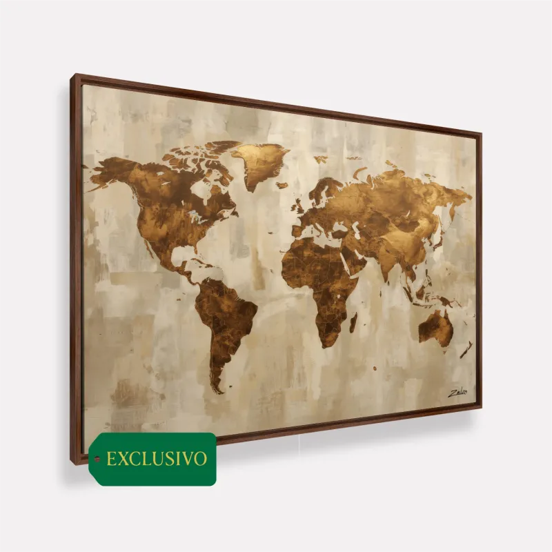 Quadro Mapa Mundi Linho E Bronze Moderno