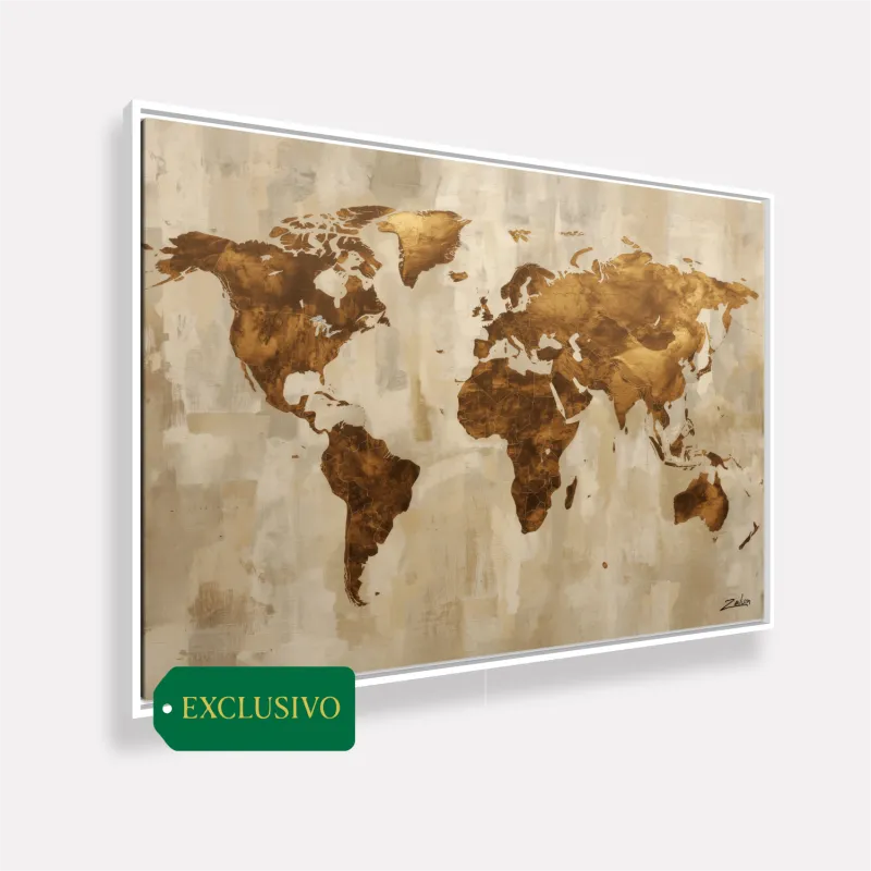 Quadro Mapa Mundi Linho E Bronze Moderno