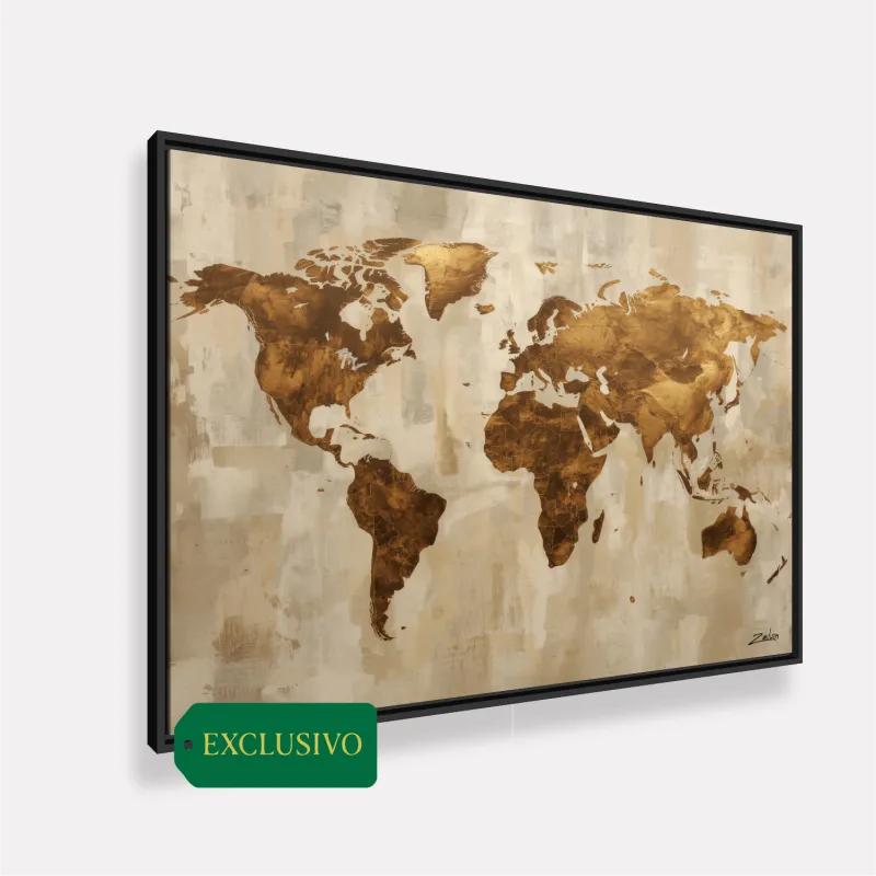 Quadro Mapa Mundi Linho E Bronze Moderno