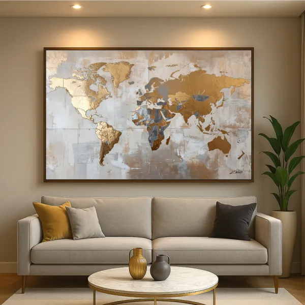 Quadro Mapa Mundi Tons Metálicos Dourado com Prata