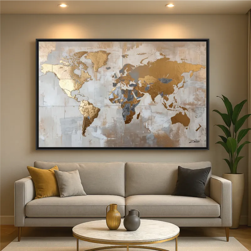 Quadro Mapa Mundi Tons Metálicos Dourado com Prata