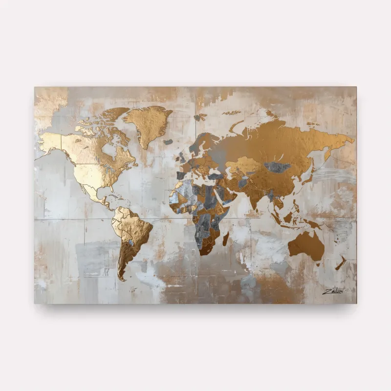 Quadro Mapa Mundi Tons Metálicos Dourado com Prata