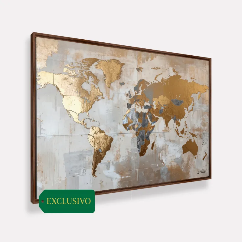Quadro Mapa Mundi Tons Metálicos Dourado com Prata