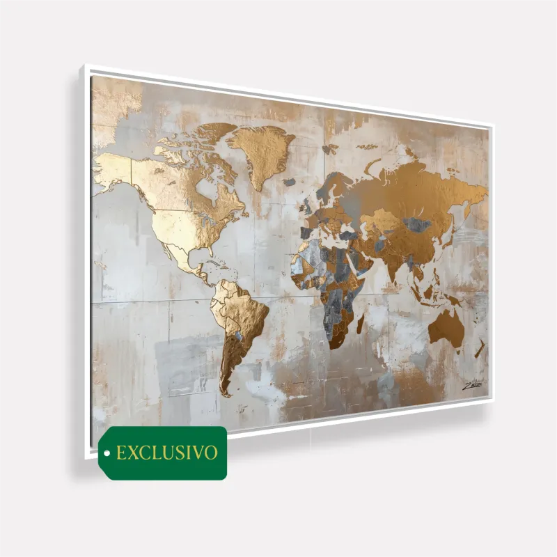 Quadro Mapa Mundi Tons Metálicos Dourado com Prata