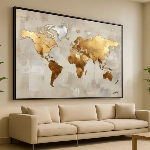 Quadro Mapa Mundi Moderno Aurora Dourada