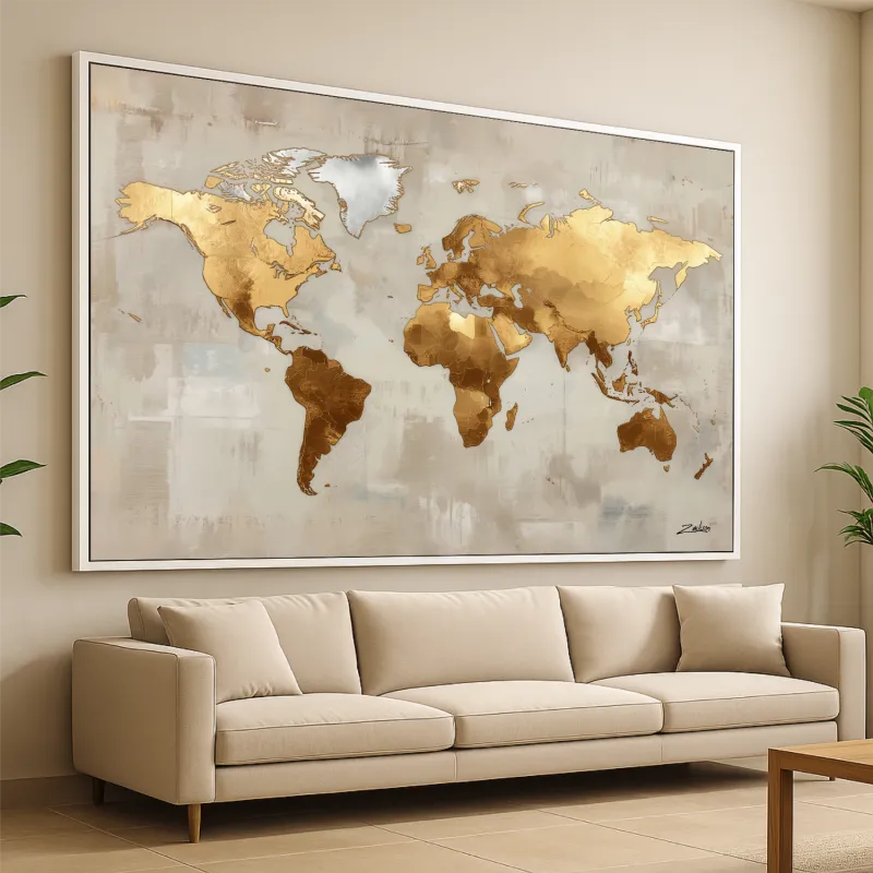 Quadro Mapa Mundi Moderno Aurora Dourada