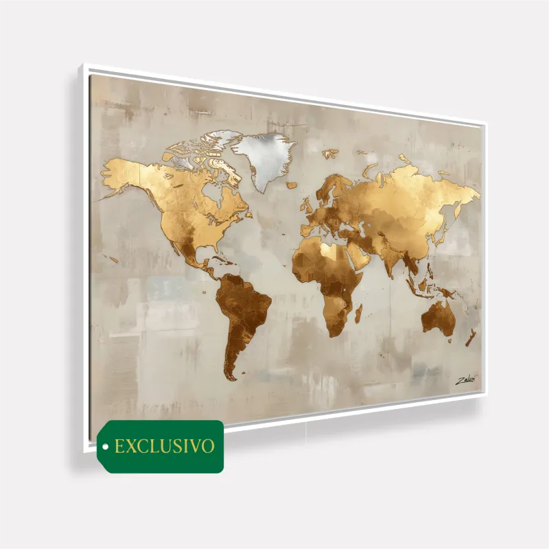 Quadro Mapa Mundi Moderno Aurora Dourada