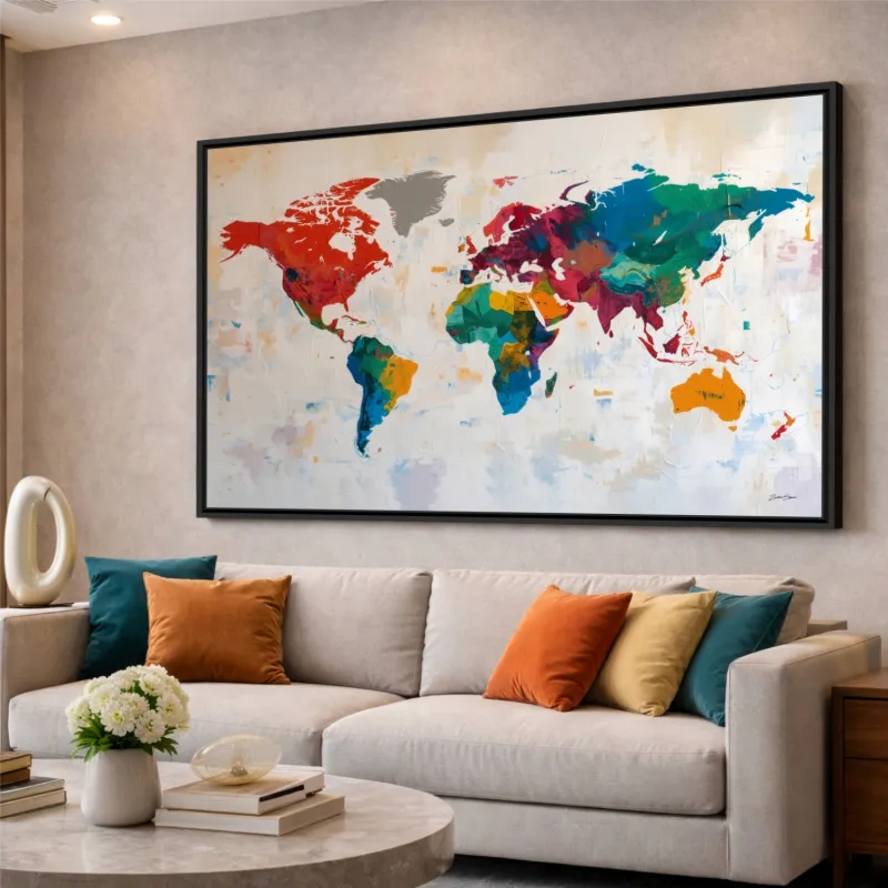 Quadro Mapa Mundi Contemporâneo Colorido - Arte Exclusiva