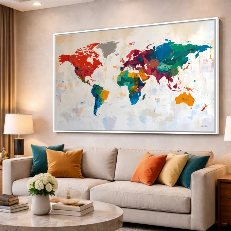 Quadro Mapa Mundi Contemporâneo Colorido - Arte Exclusiva