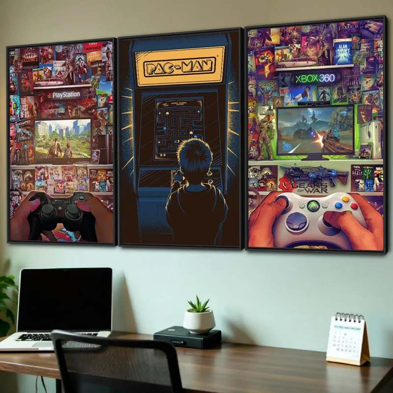 Kit Quadros decorativos Mundo dos Gamers Consoles - 3 Peças