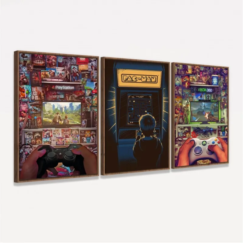 Kit Quadros decorativos Mundo dos Gamers Consoles - 3 Peças