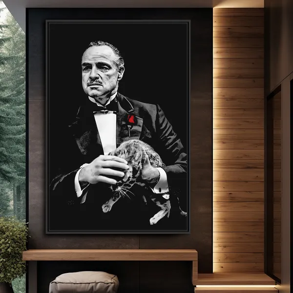Quadro Poderoso Chefão e Gatinho - Preto e Branco