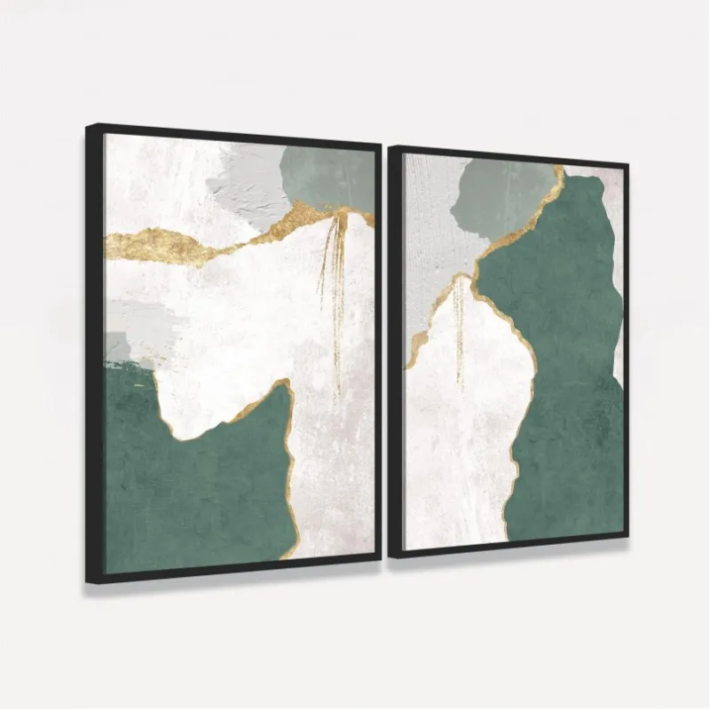 Quadro Abstrato Green and Gold - 2 Peças