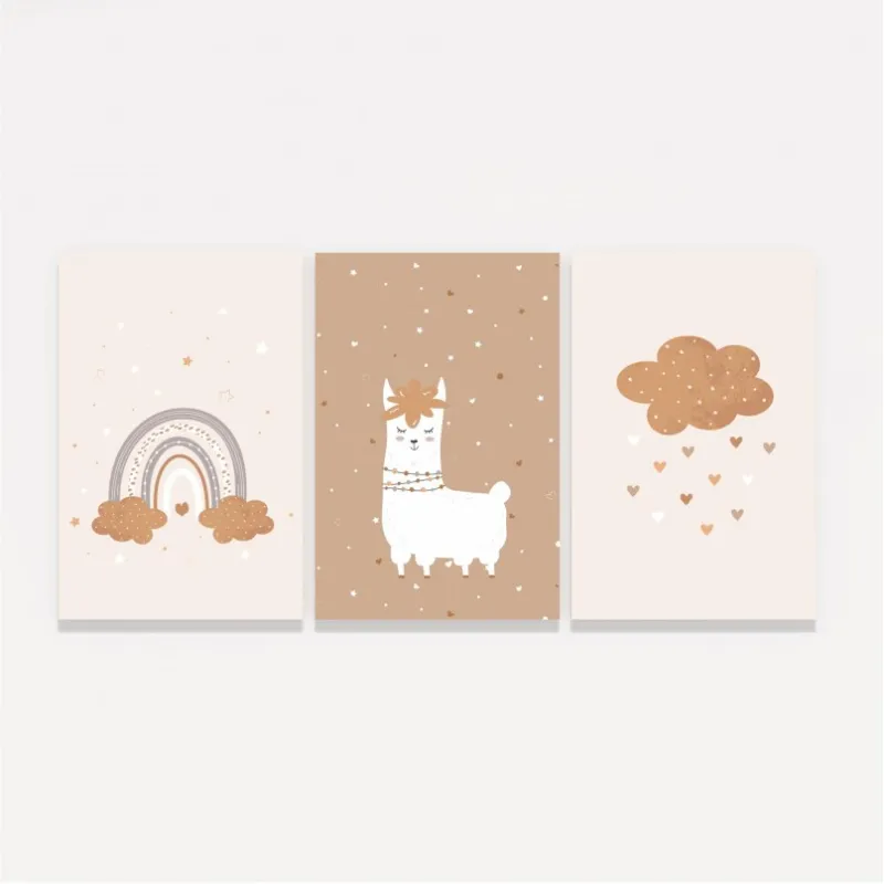 Quadro Trio Infantil Ilama e Arco-íris