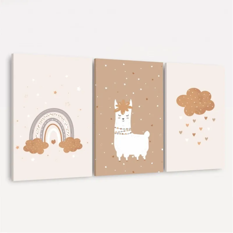 Quadro Trio Infantil Ilama e Arco-íris