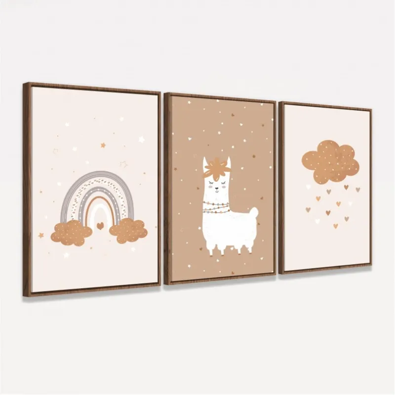 Quadro Trio Infantil Ilama e Arco-íris