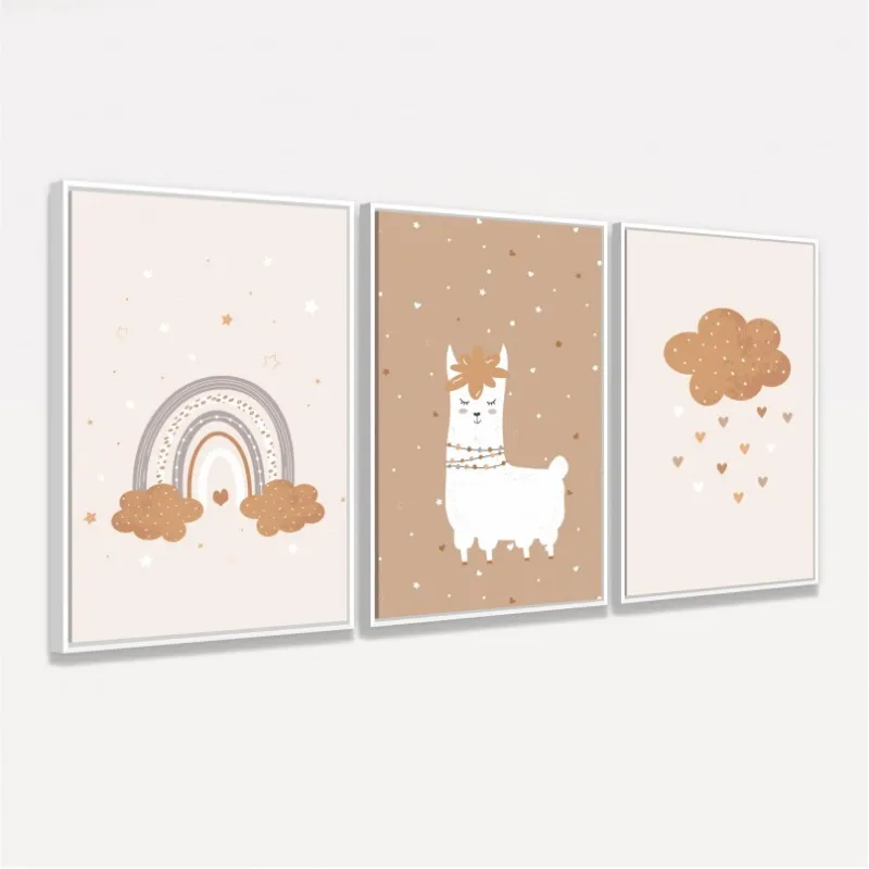 Quadro Trio Infantil Ilama e Arco-íris