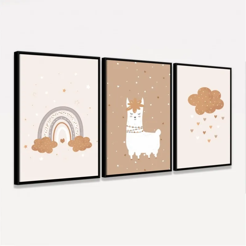 Quadro Trio Infantil Ilama e Arco-íris