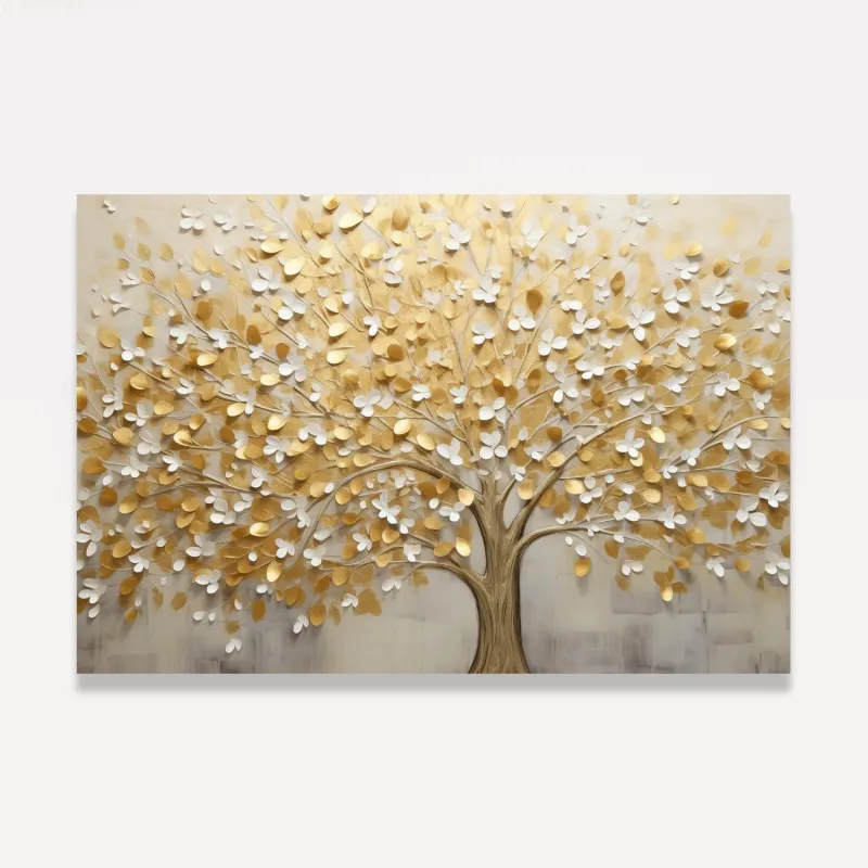 Quadro Árvore da Vida Abstrato Folhas Douradas em Arte