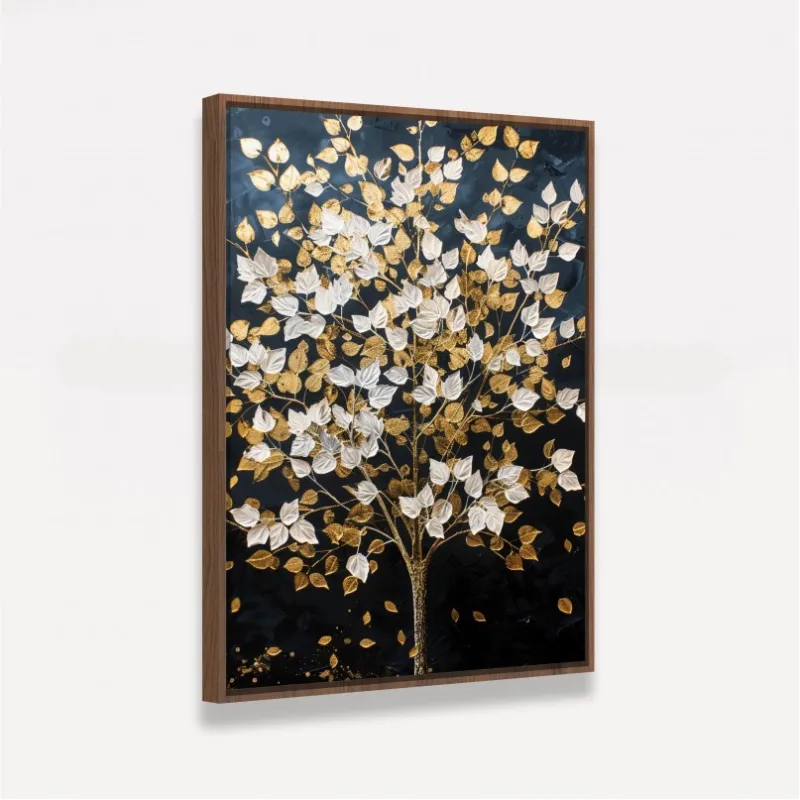 Quadro Abstrato Árvore Folhas Douradas e Brancas