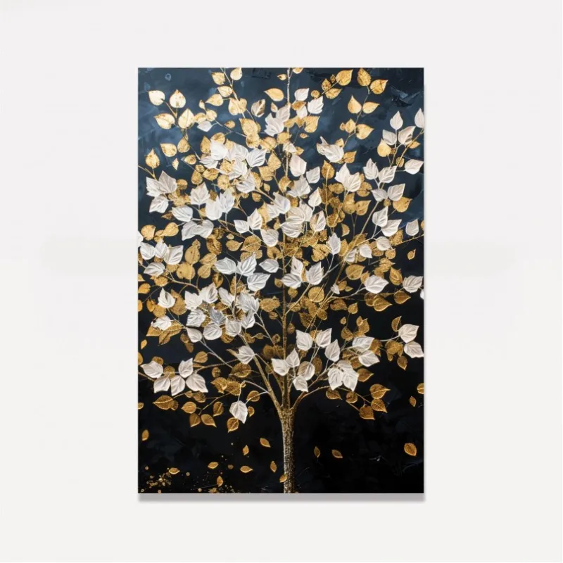 Quadro Abstrato Árvore Folhas Douradas e Brancas