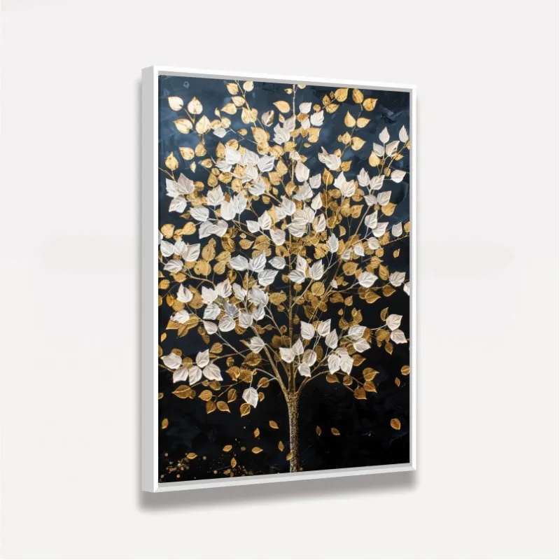 Quadro Abstrato Árvore Folhas Douradas e Brancas