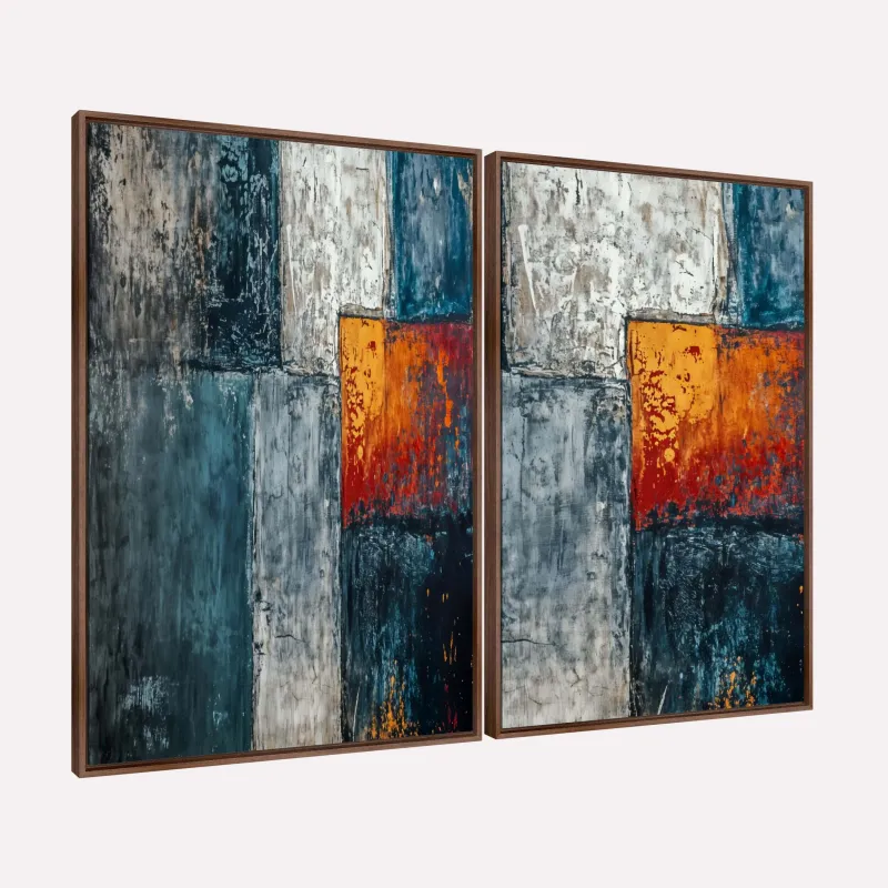 Quadro Abstrato Encontro de Tons Azul Profundo e Fogo