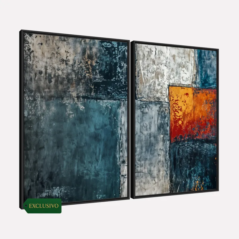 Quadro Abstrato Encontro de Mar Azul Profundo e Fogo