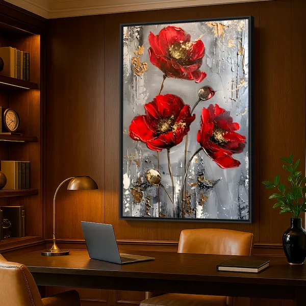 Quadro Lindo Floral Abstrato Vermelho e Ouro