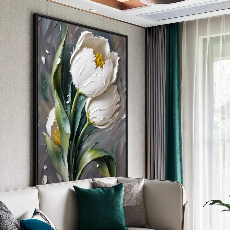 Quadro Flor Elegante Tulipas Brancas em Relevo