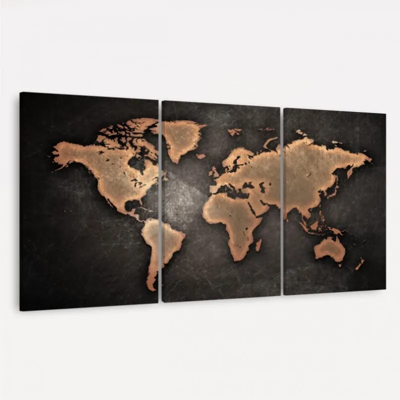 Quadro Mapa Mundi Efeito Vintage Mosaico 3 Peças