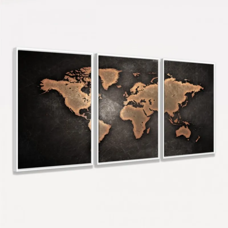 Quadro Mapa Mundi Efeito Vintage Mosaico 3 Peças