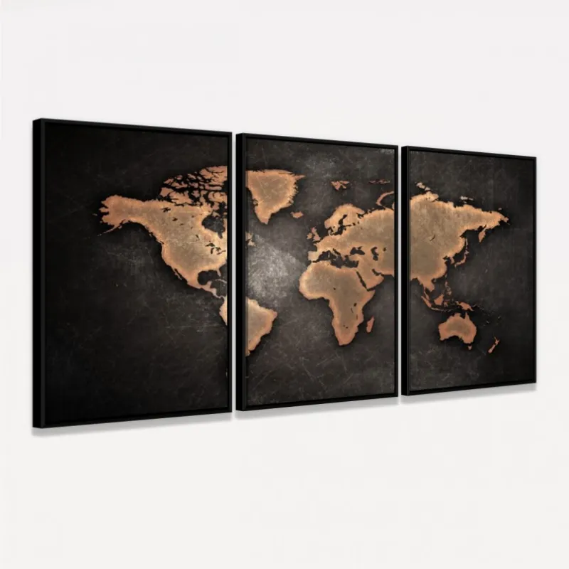 Quadro Mapa Mundi Efeito Vintage Mosaico 3 Peças